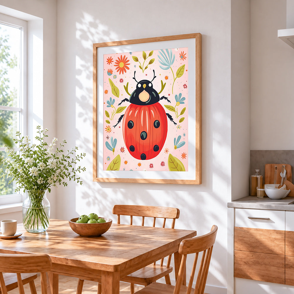Playful ladybird on pink background cross stitch artwork displayed on wall as home decor