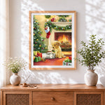 Finished playful puppy and kitten with presents by the fireplace cross stitch artwork displayed