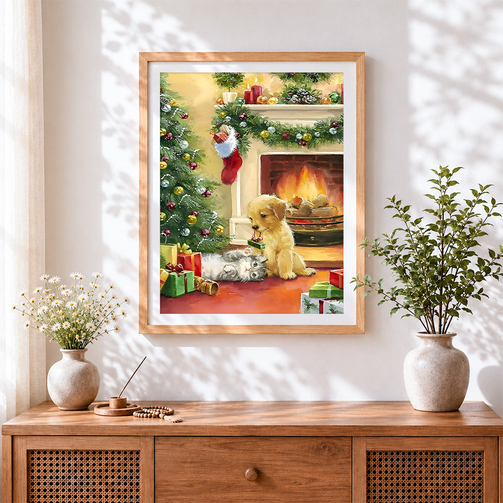 Finished playful puppy and kitten with presents by the fireplace cross stitch artwork displayed
