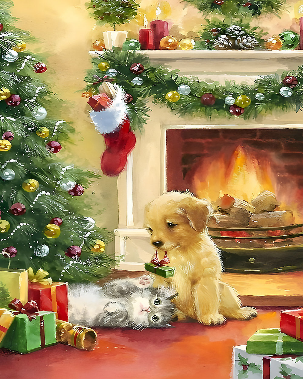 Playful puppy and kitten with presents by the fireplace cross stitch kit for beginners