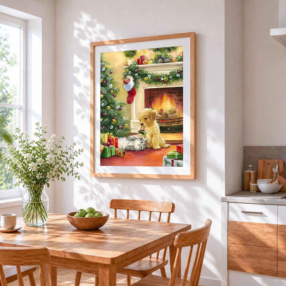 Playful puppy and kitten with presents by the fireplace cross stitch artwork displayed on wall as home decor