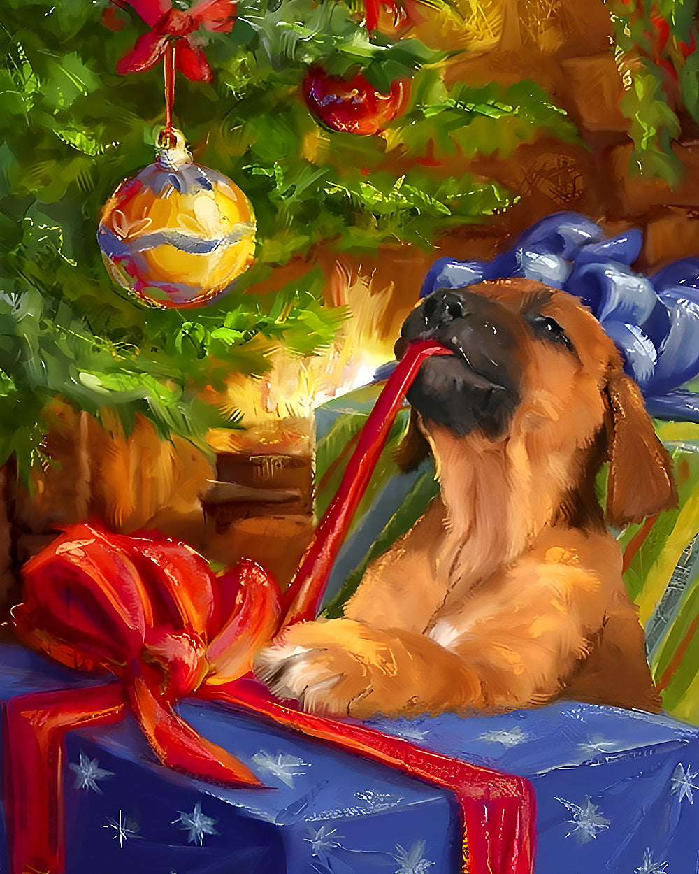 Playful puppy with gift by the christmas tree cross stitch kit for beginners