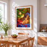 Playful puppy with gift by the christmas tree cross stitch artwork displayed on wall as home decor