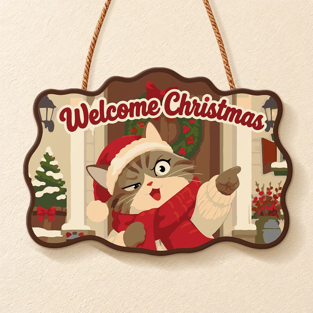 Pointing santa cat paint by numbers door hanger finished design