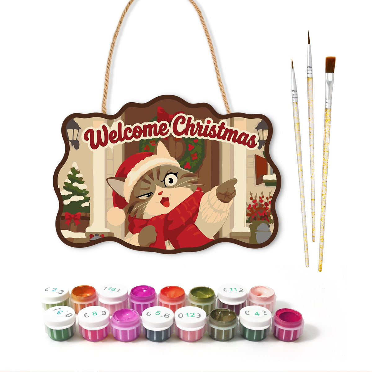 Pointing santa cat paint by numbers door hanger with paints and brushes
