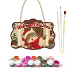 Pointing santa cat paint by numbers door hanger with paints and brushes