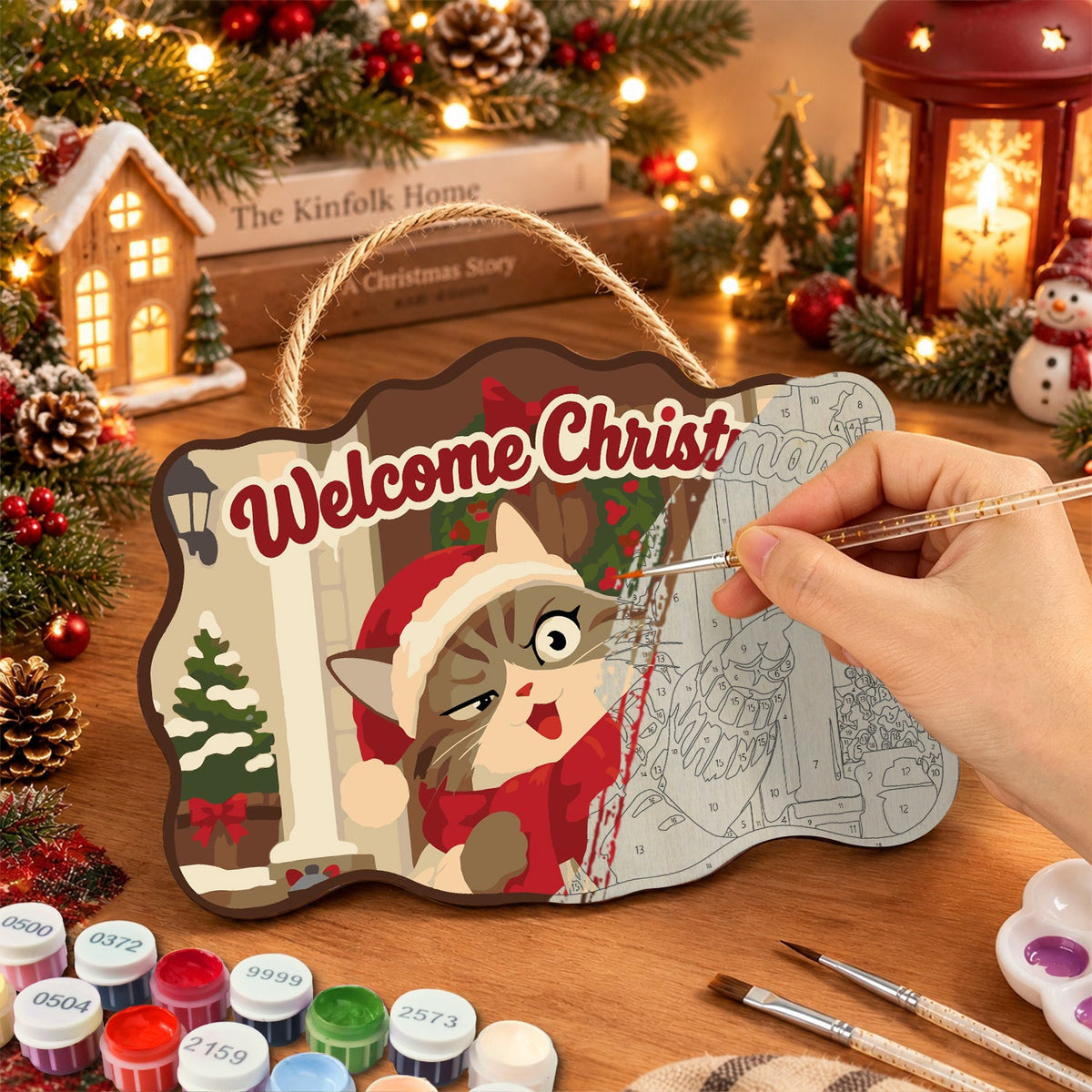 Pointing santa cat paint by numbers door hanger painting process
