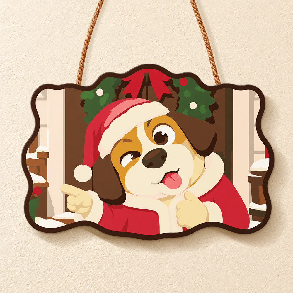 Pointing santa dog paint by numbers door hanger finished design