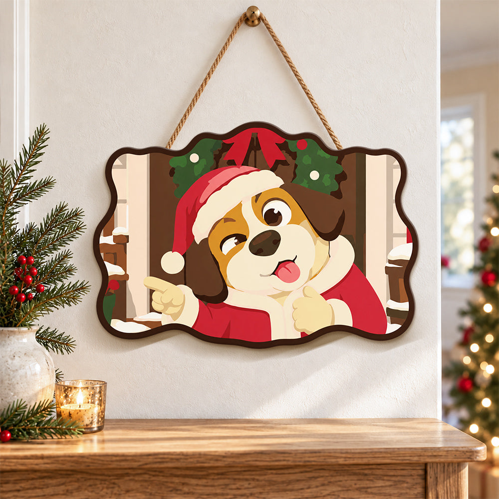 Pointing santa dog paint by numbers door hanger as indoor wall decor