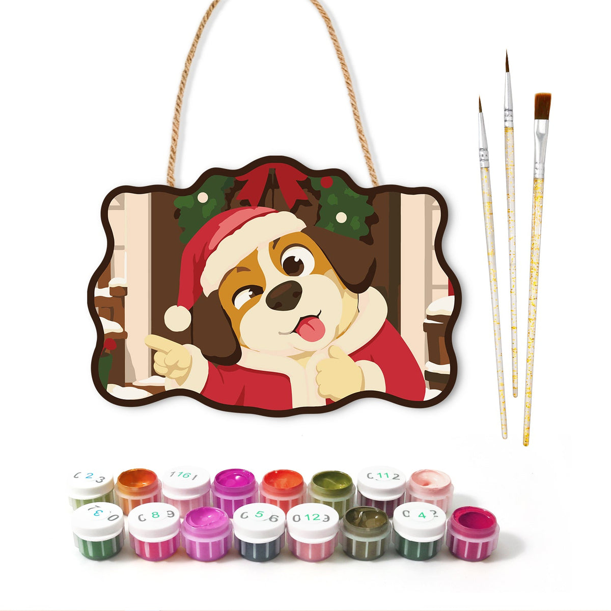 Pointing santa dog paint by numbers door hanger with paints and brushes