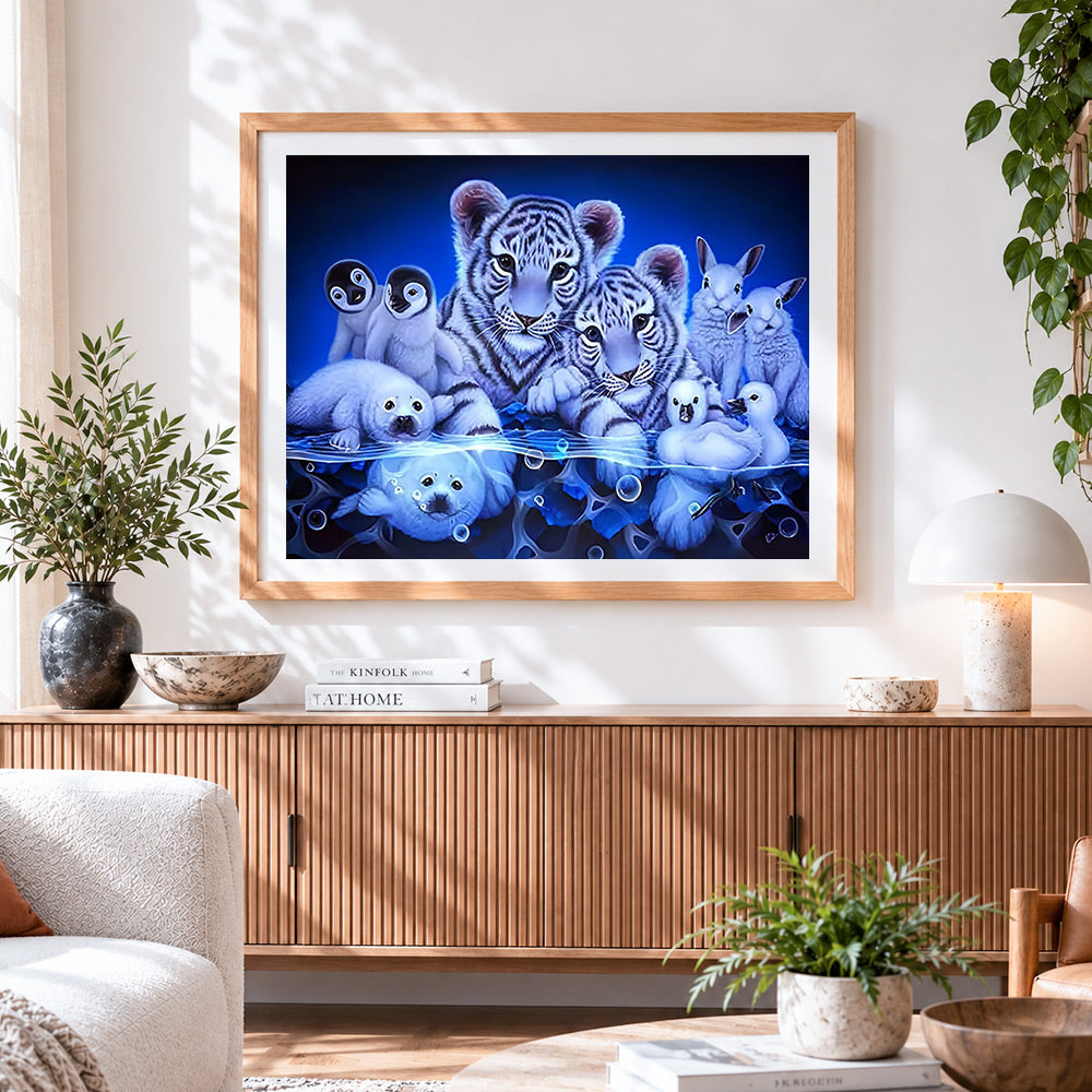 Finished polar animal cubs collage paint by numbers artwork displayed as home decor