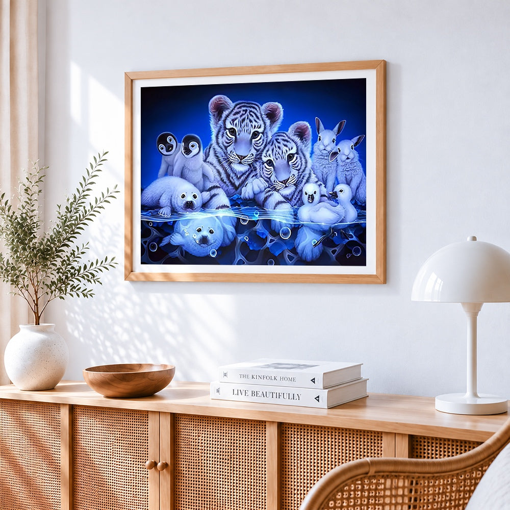 Polar animal cubs collage paint by numbers artwork displayed on wall as home decor