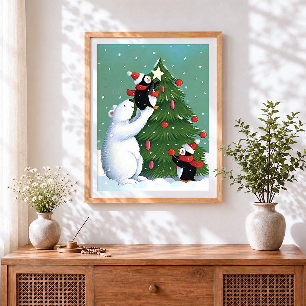 Finished polar bear and penguins decorating christmas tree cross stitch artwork displayed