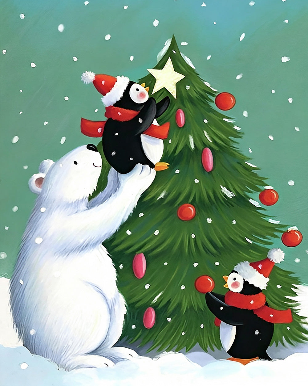 Polar bear and penguins decorating christmas tree cross stitch kit for beginners
