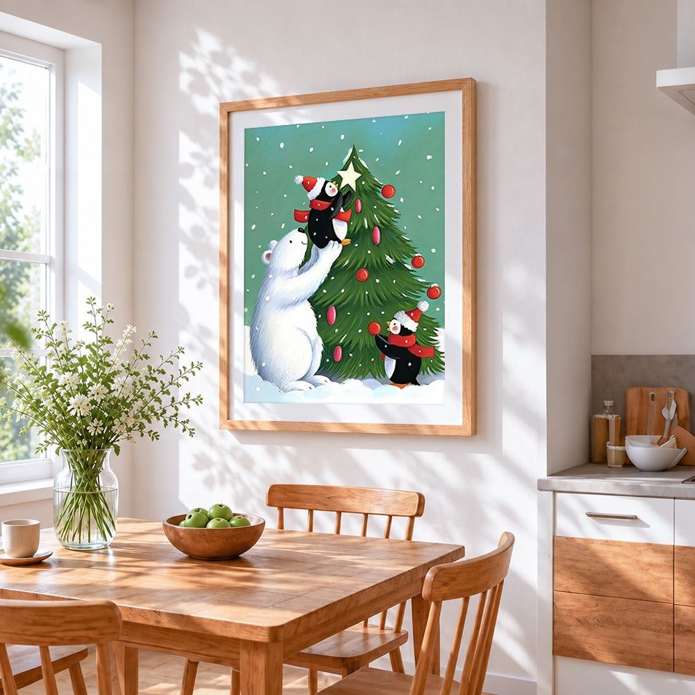 Polar bear and penguins decorating christmas tree cross stitch artwork displayed on wall as home decor