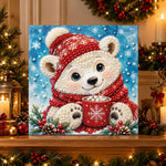Finished polar bear with hot cocoa pearl diamond painting artwork displayed as holiday home decor
