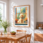 Poodle on windowsill cross stitch artwork displayed on wall as home decor