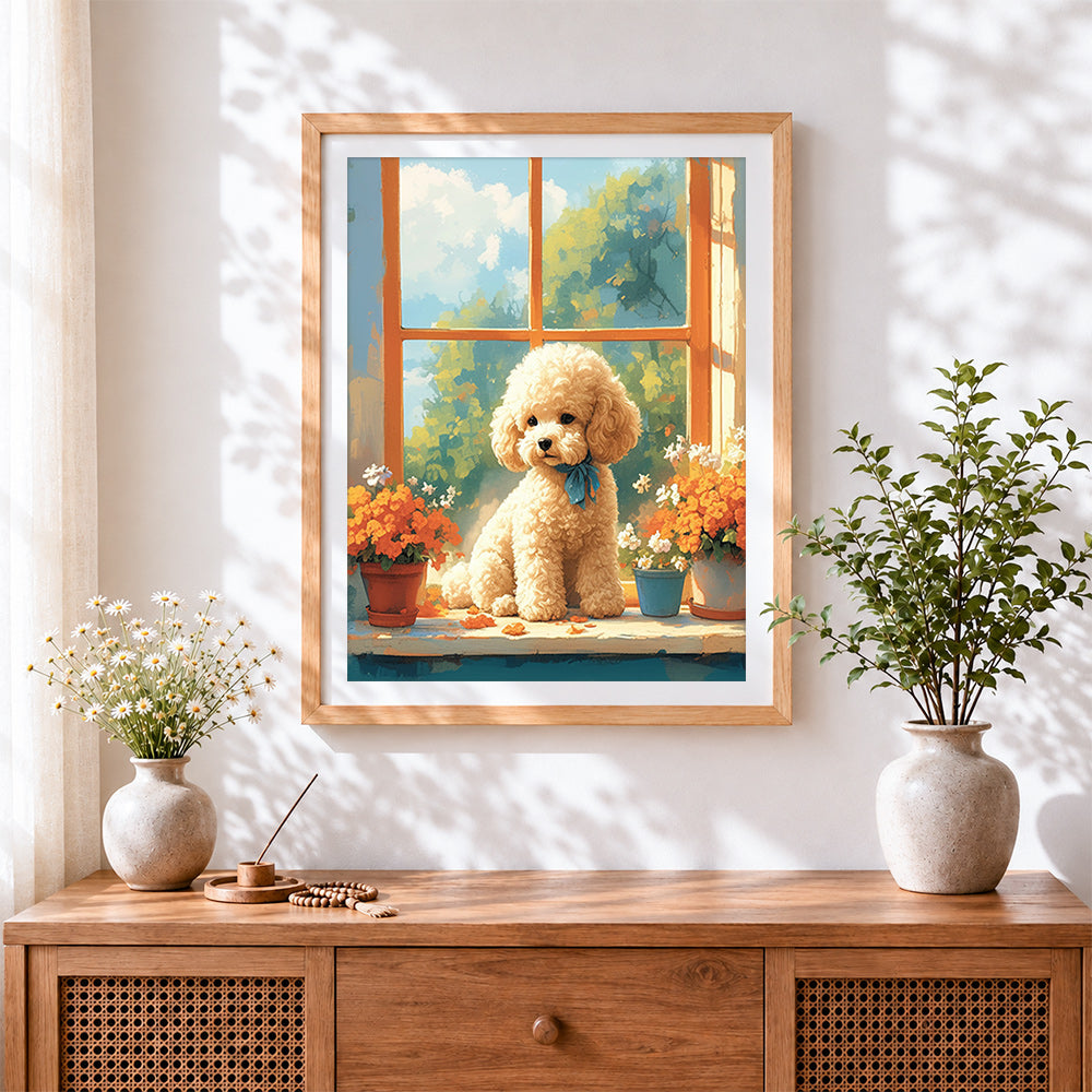 Finished poodle on windowsill paint by numbers artwork displayed as home decor