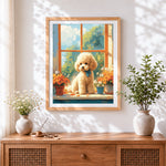 Finished poodle on windowsill paint by numbers artwork displayed as home decor