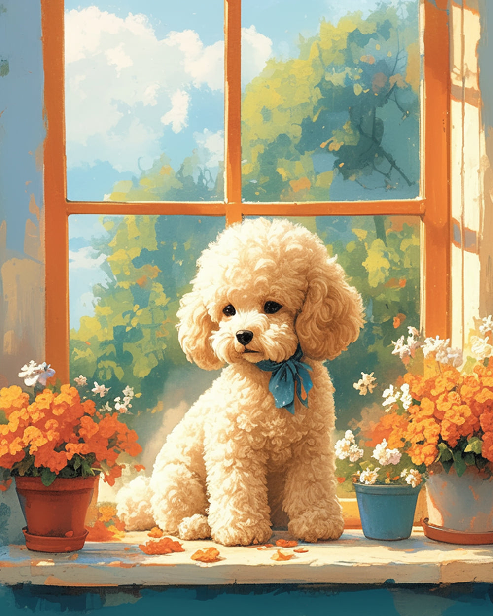 Poodle on windowsill paint by numbers kit for beginners