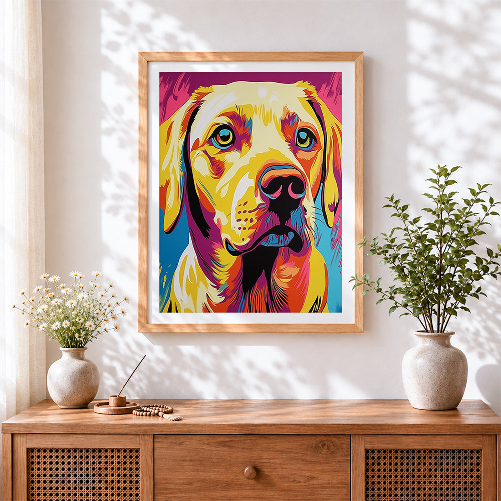 Finished pop art beagle cross stitch artwork displayed