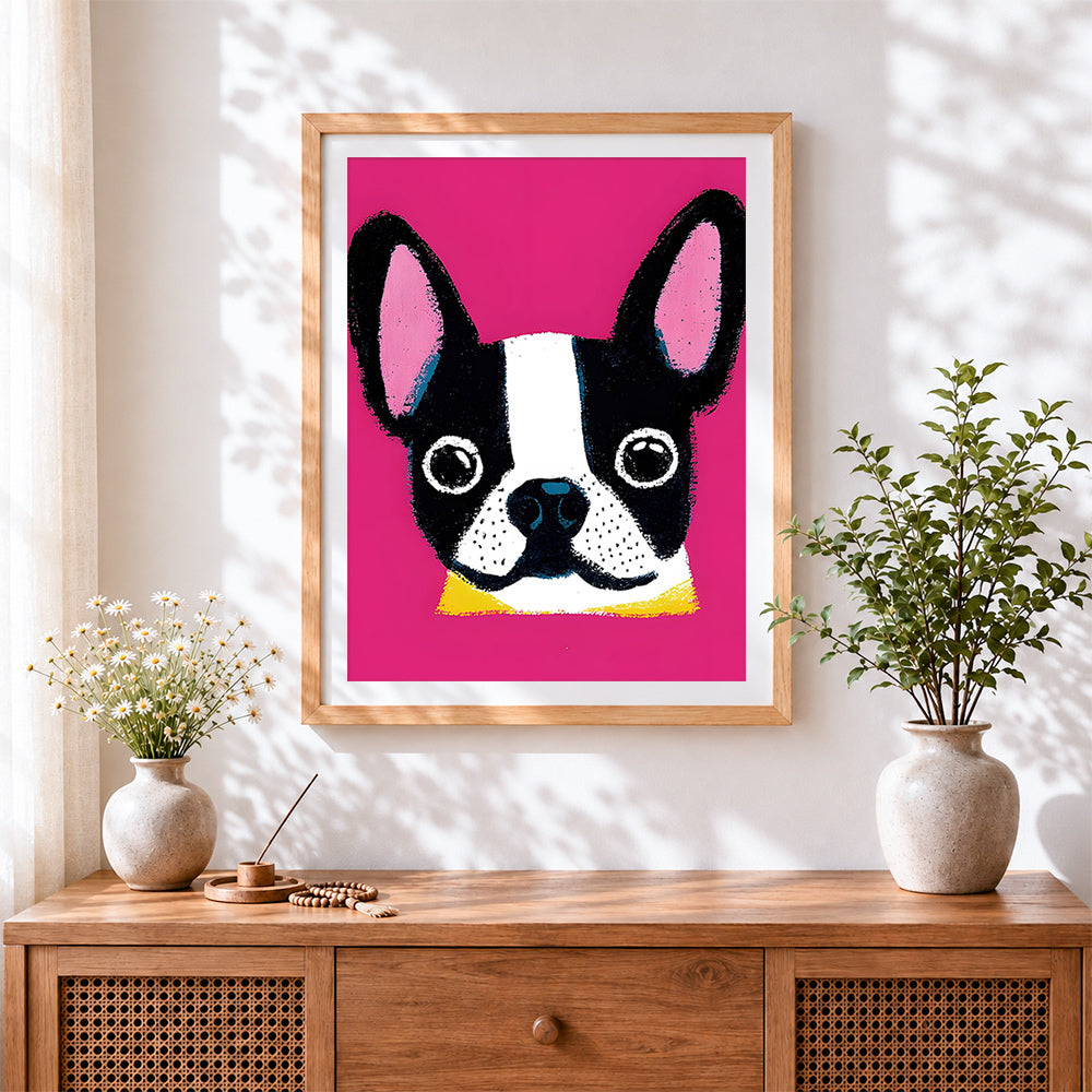 Finished pop art boston terrier cross stitch artwork displayed
