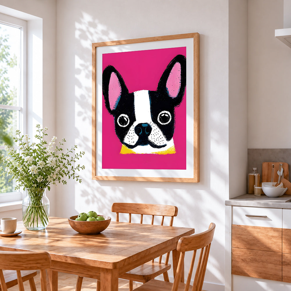 Pop art boston terrier cross stitch artwork displayed on wall as home decor