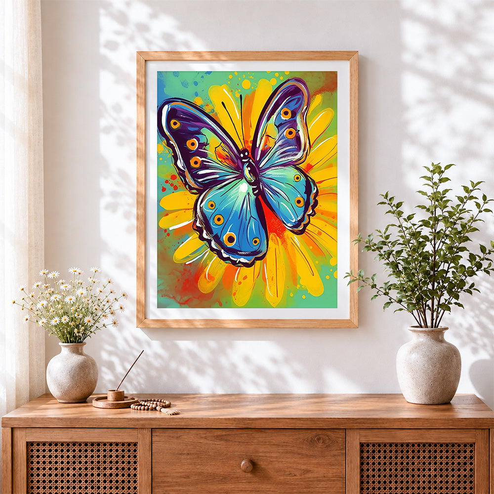 Finished pop art butterfly and sunflower cross stitch artwork displayed