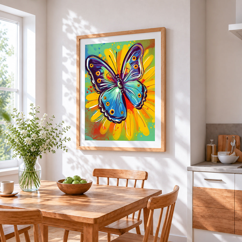 Pop art butterfly and sunflower cross stitch artwork displayed on wall as home decor