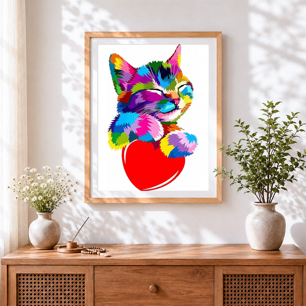Finished pop art cat with red heart cross stitch artwork displayed