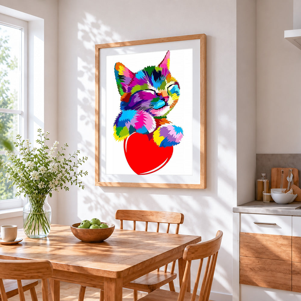 Pop art cat with red heart cross stitch artwork displayed on wall as home decor