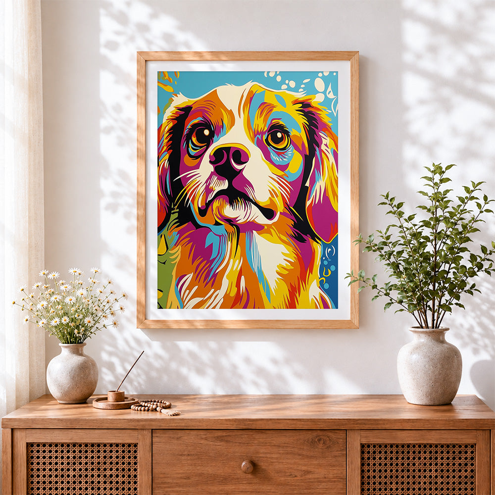 Finished pop art cavalier king charles spaniel cross stitch artwork displayed