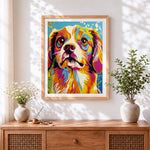 Finished pop art cavalier king charles spaniel paint by numbers artwork displayed as home decor