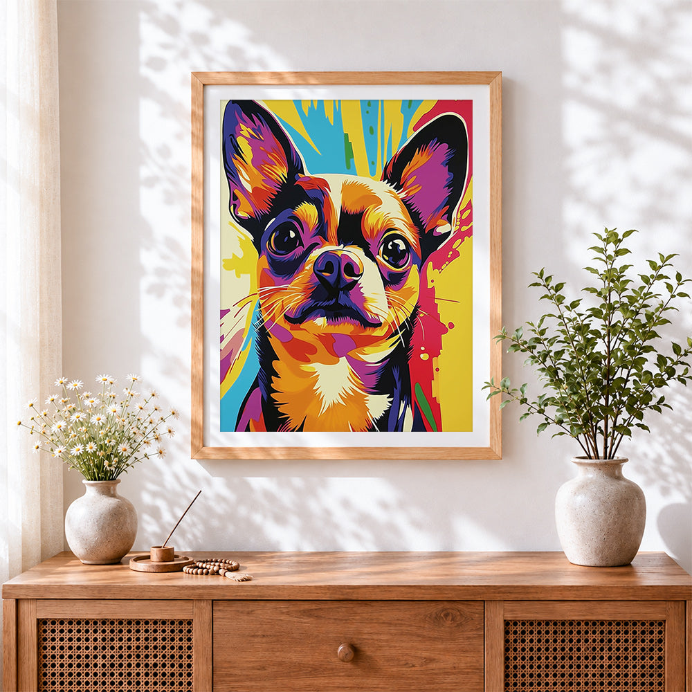Finished pop art chihuahua paint by numbers artwork displayed as home decor
