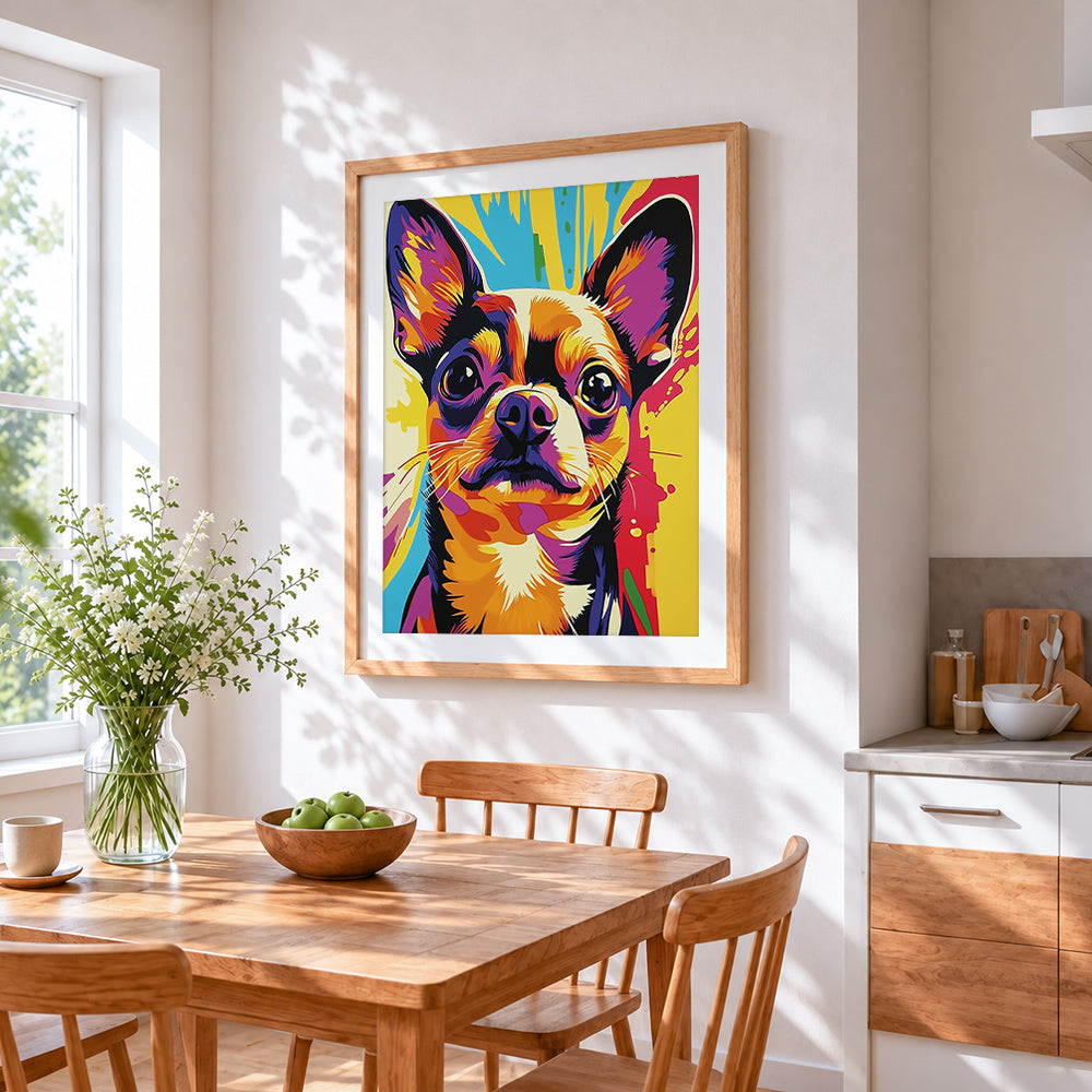 Pop art chihuahua paint by numbers artwork displayed on wall as home decor
