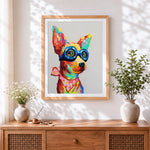 Finished pop art chihuahua with goggles cross stitch artwork displayed
