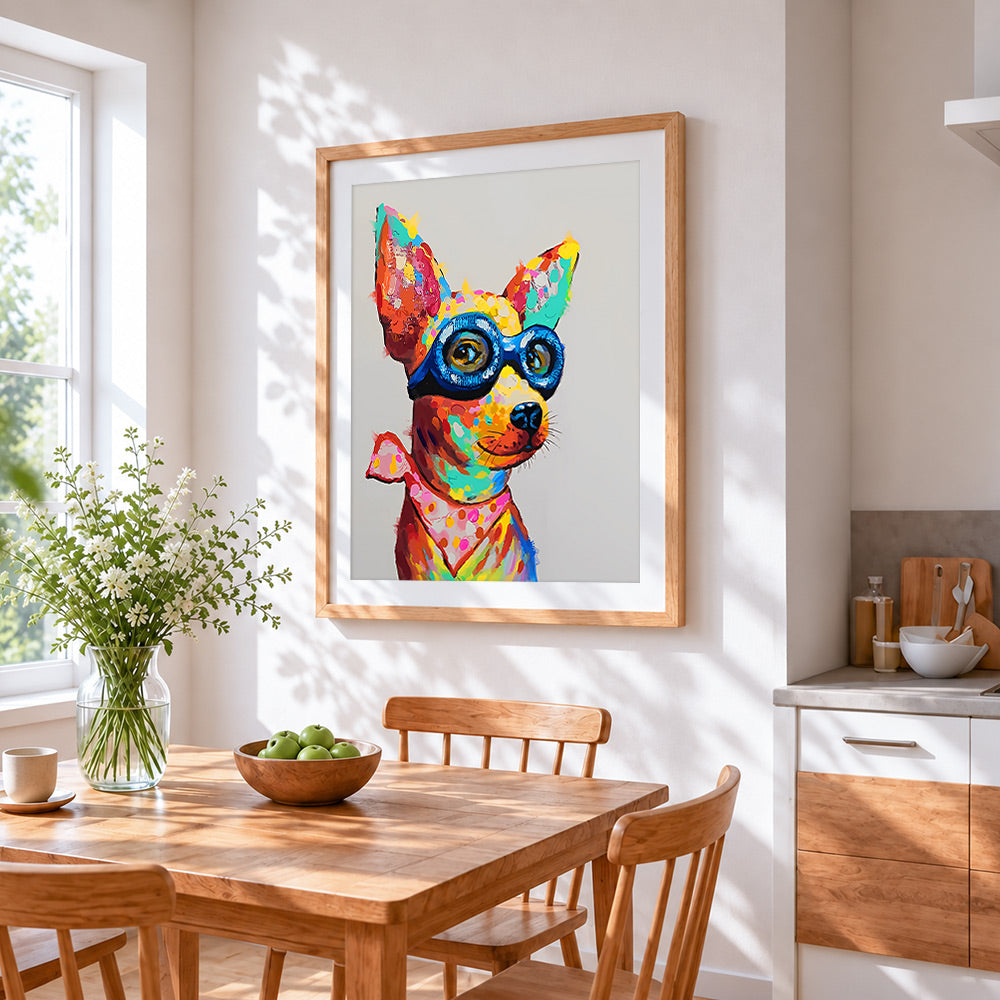 Pop art chihuahua with goggles cross stitch artwork displayed on wall as home decor