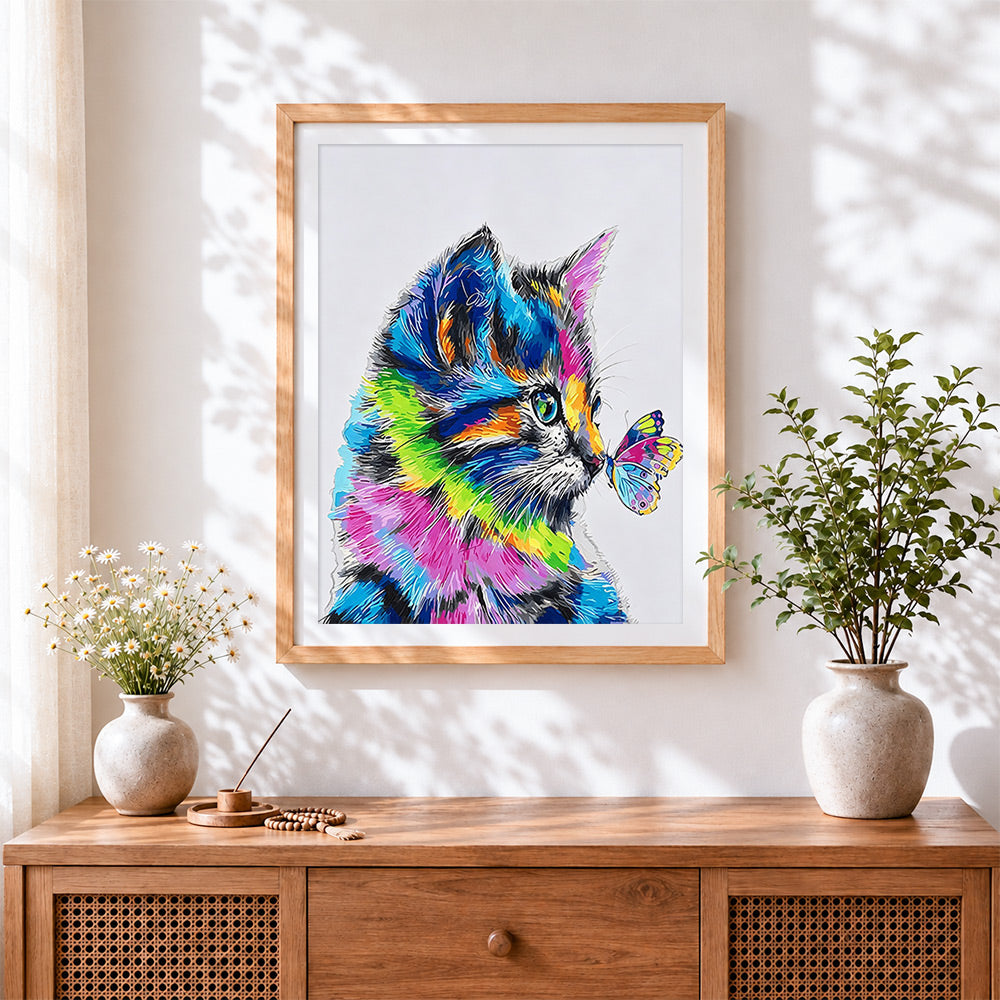 Finished pop art colourful cat and butterfly cross stitch artwork displayed