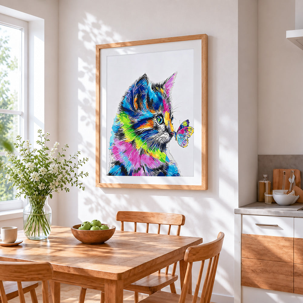 Pop art colourful cat and butterfly cross stitch artwork displayed on wall as home decor