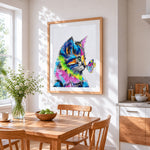 Pop art colourful cat and butterfly cross stitch artwork displayed on wall as home decor