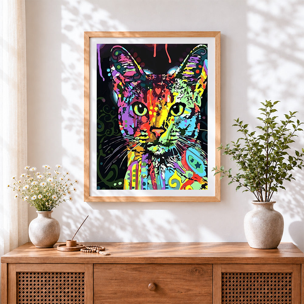 Finished pop art colourful cat cross stitch artwork displayed