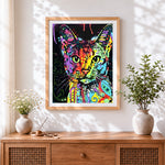 Finished pop art colourful cat cross stitch artwork displayed