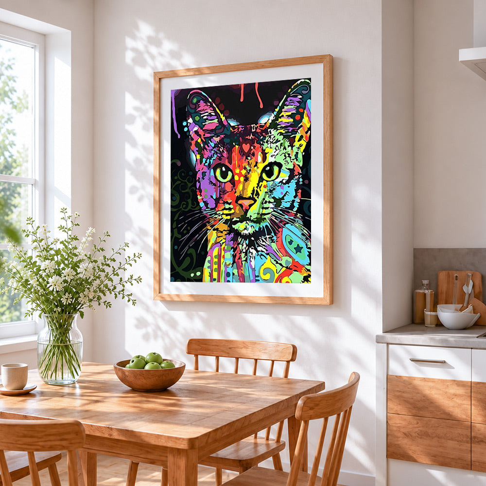 Pop art colourful cat cross stitch artwork displayed on wall as home decor