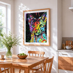 Pop art colourful cat cross stitch artwork displayed on wall as home decor