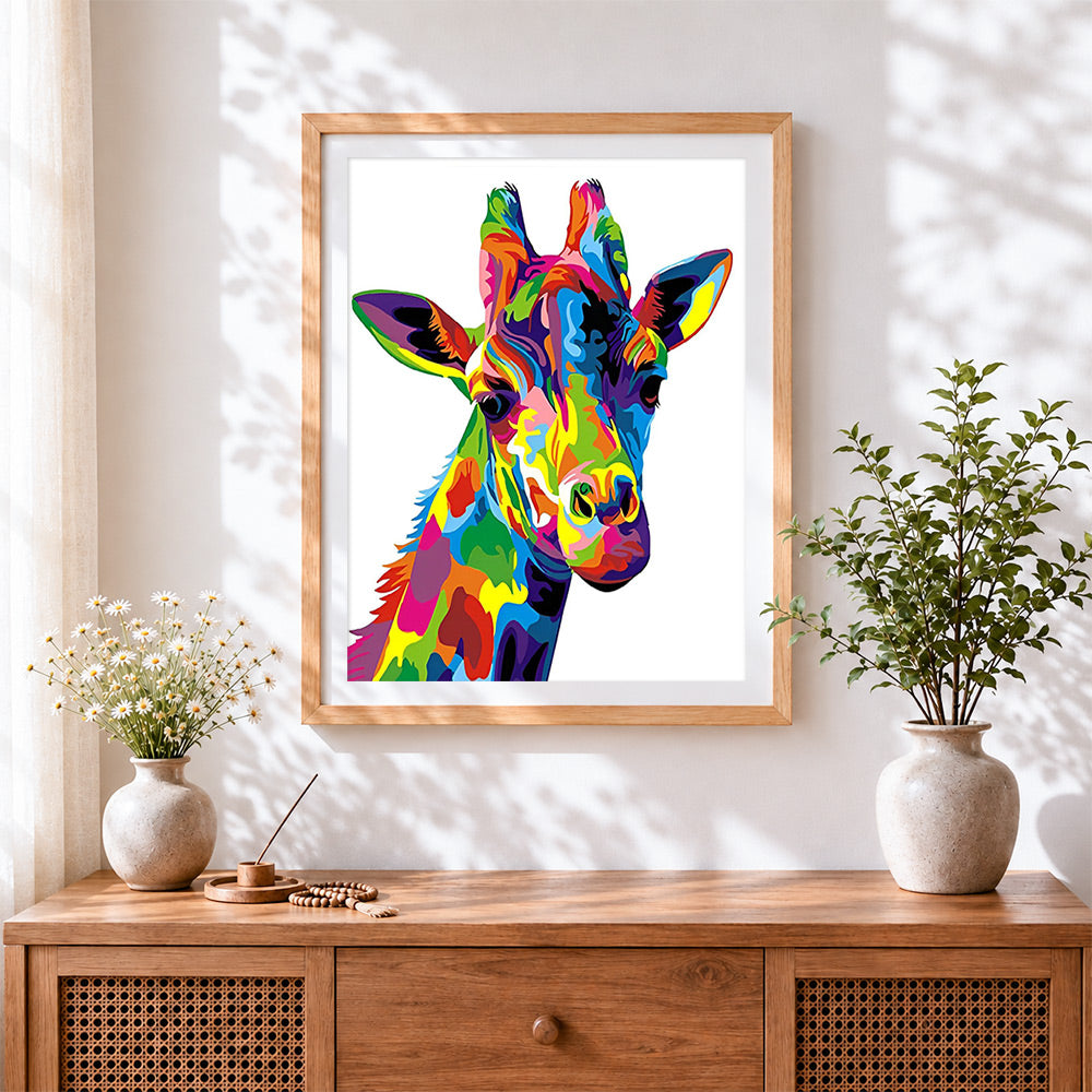 Finished pop art colourful giraffe cross stitch artwork displayed