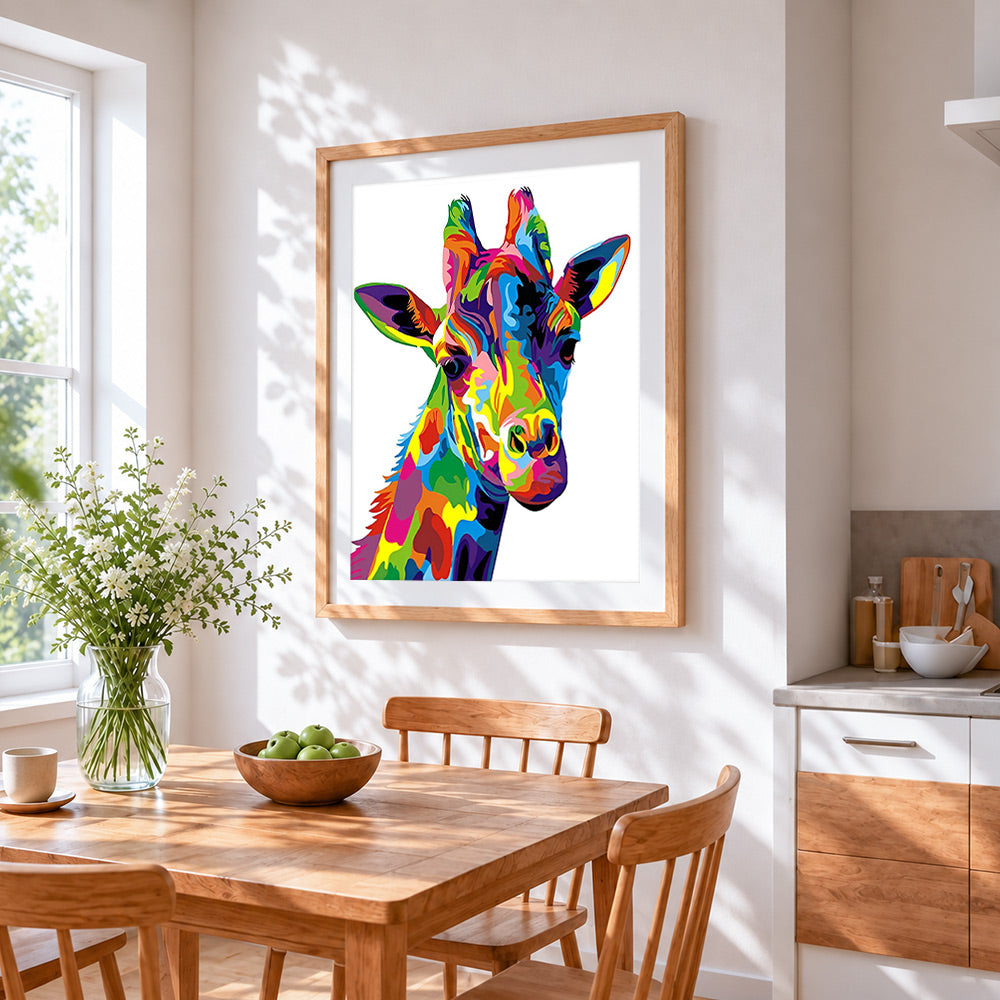 Pop art colourful giraffe cross stitch artwork displayed on wall as home decor