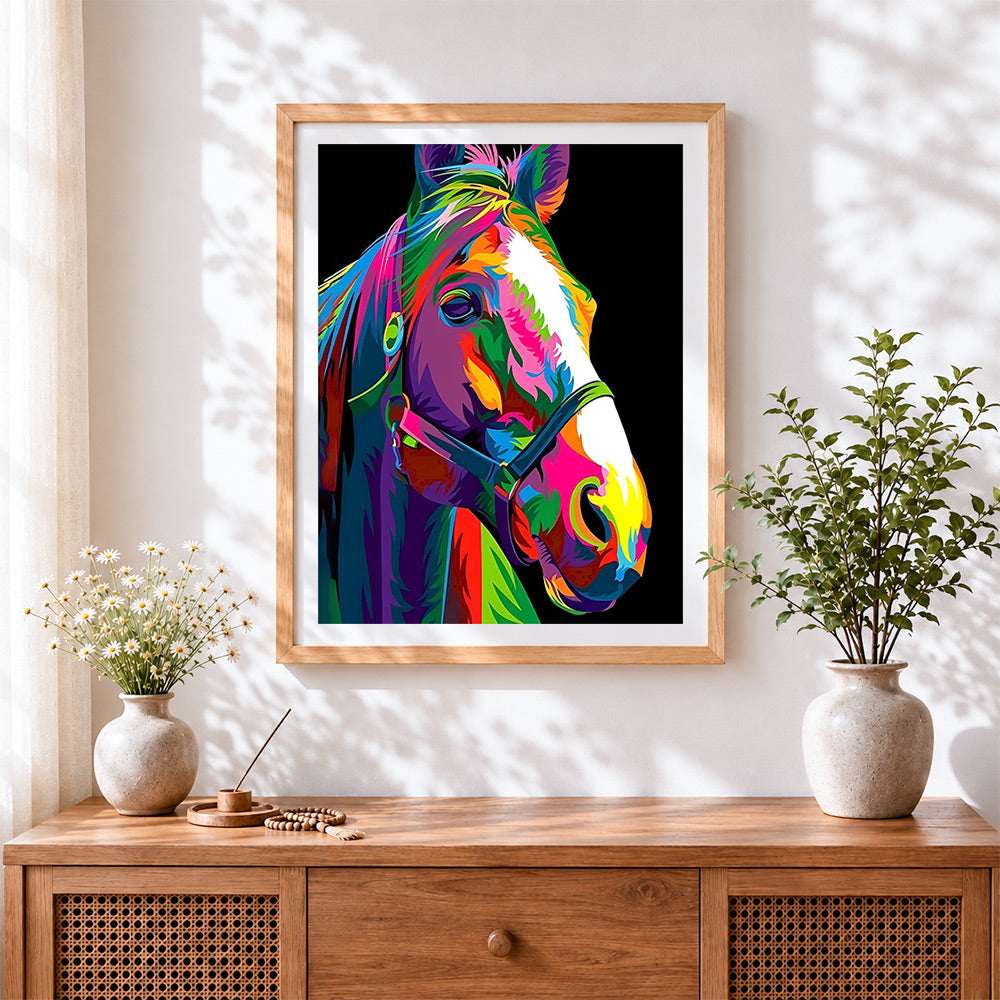 Finished pop art colourful horse cross stitch artwork displayed