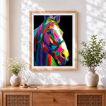 Finished pop art colourful horse cross stitch artwork displayed
