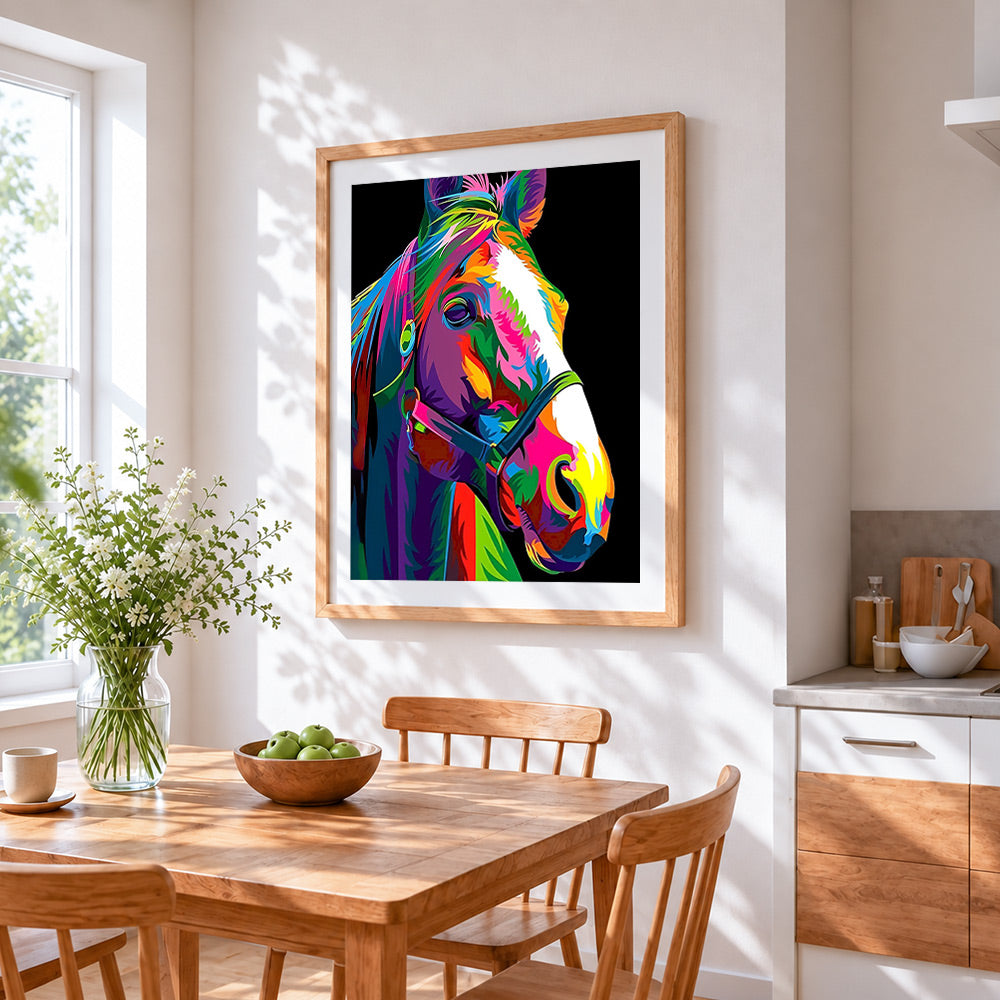 Pop art colourful horse cross stitch artwork displayed on wall as home decor