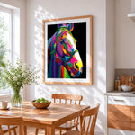 Pop art colourful horse cross stitch artwork displayed on wall as home decor